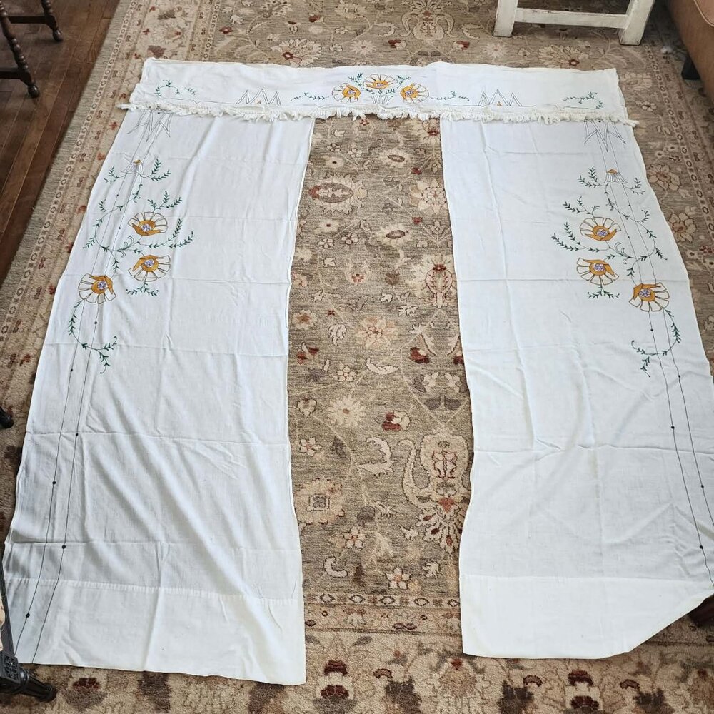 Vintage 1970s Linen Valance & Panel Window Treatment Yellow Floral Embroidered